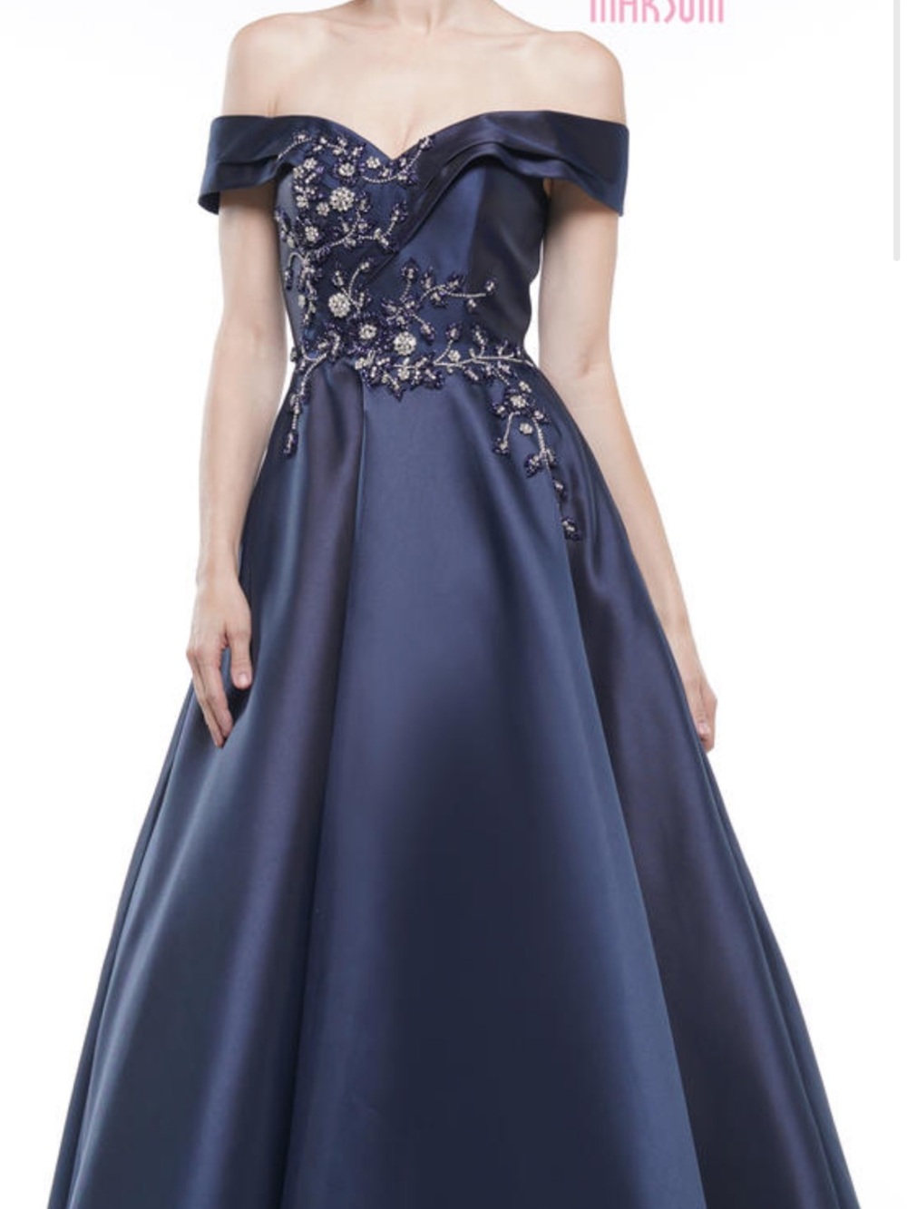Marsoni Off-Shoulder Navy Embroidered Ball Gown Dress